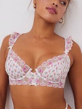 For Love & Lemons White Floral Lace bloom Underwire Bra Pink AccentsNWT  30 D